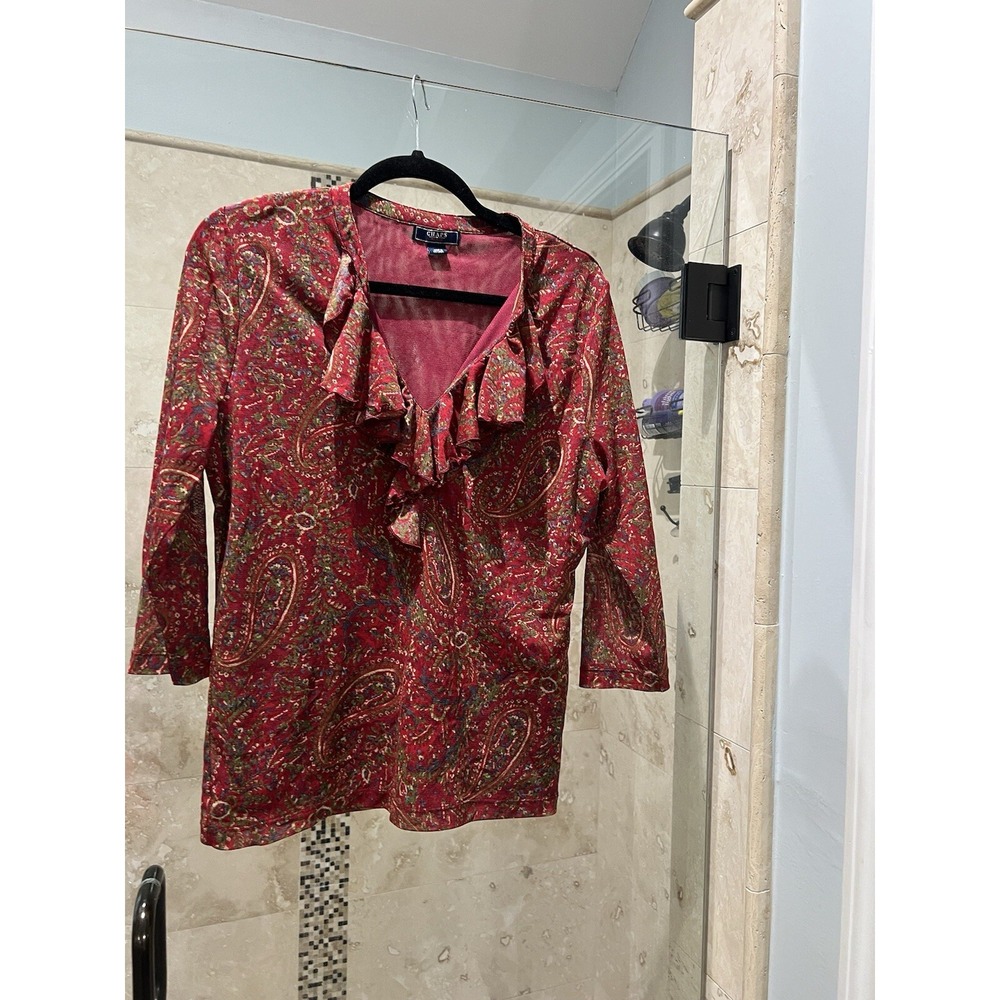 Chaps Ralph Lauren Red Paisley Mesh Ruffle V Neck Blouse Top XL 3/4 Sleeve